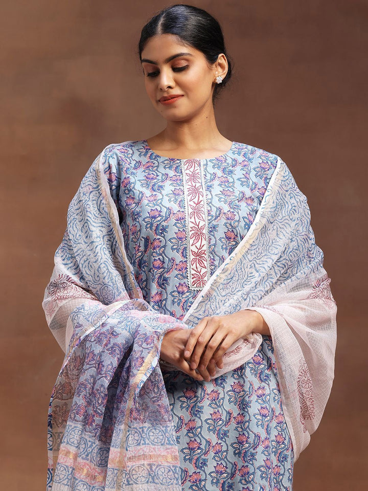 Libas Floral Printed Gotta Patti Pure Cotton Straight Kurta with Trousers & Dupatta