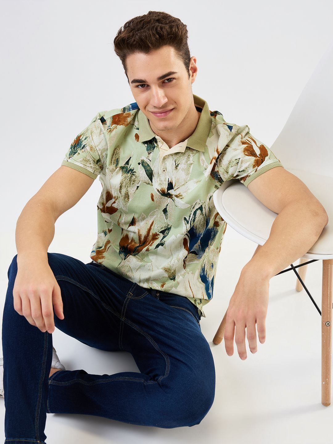 SPYKAR Men Floral Printed Polo Collar Cotton Slim Fit T-shirt