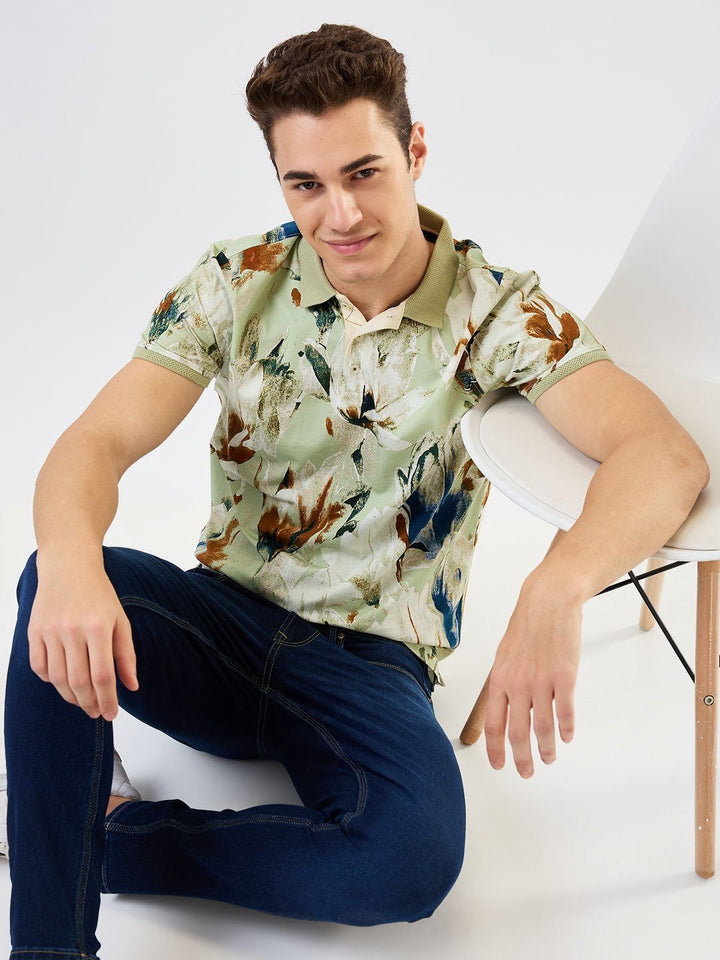 SPYKAR Men Floral Printed Polo Collar Cotton Slim Fit T-shirt