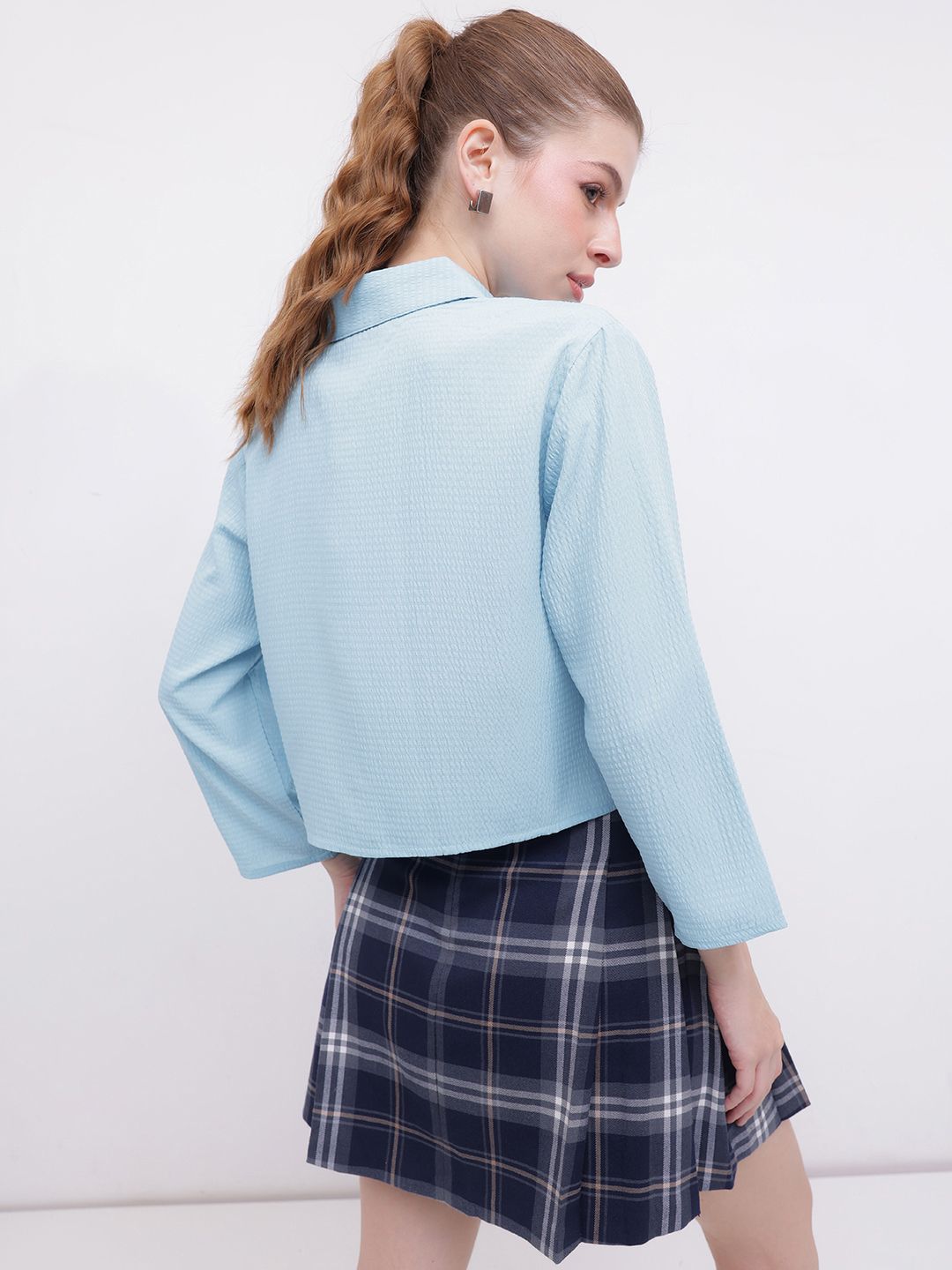 DressBerry Playful Allusion Seersucker Relaxed Fit Crop Shirt