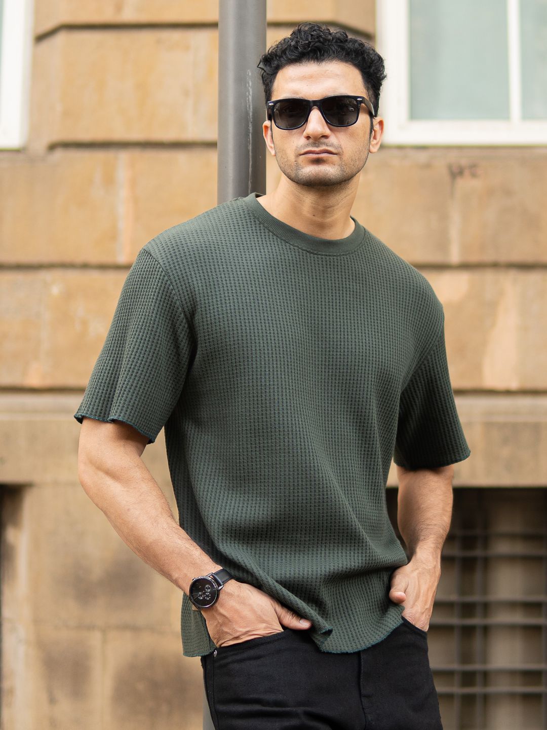 Powerlook Men Self Design Round Neck Oversized T-shirt