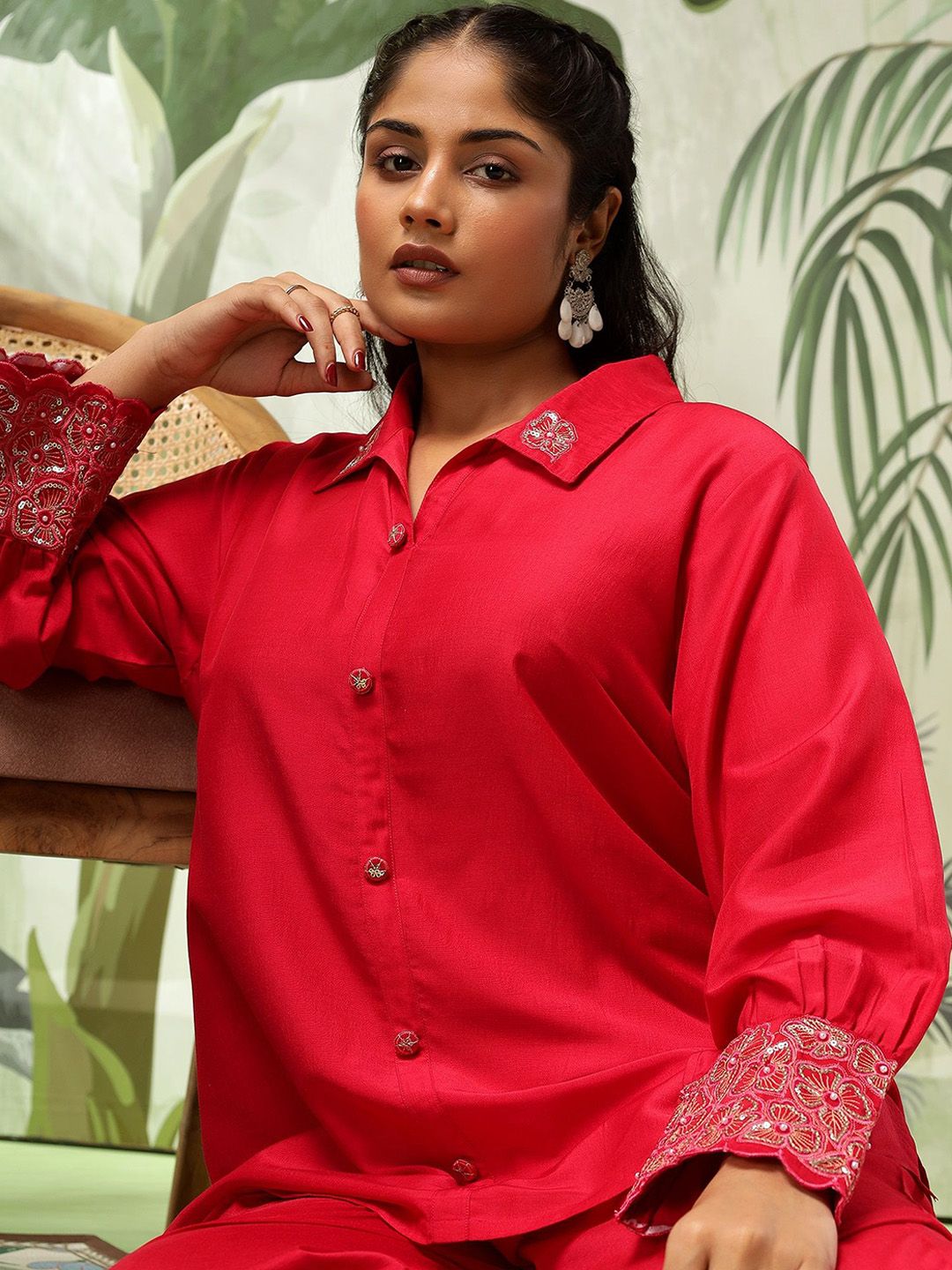 Bani Women Plus Size Embroidered Puff Sleeves Pure Silk Shirt With Trousers