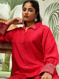Bani Women Plus Size Embroidered Puff Sleeves Pure Silk Shirt With Trousers