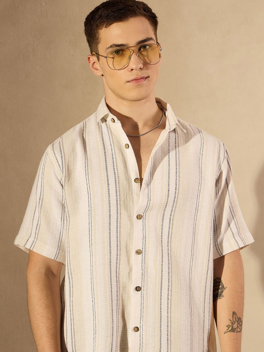 DENNISON Men Aspect Striped Oversized Cotton Shirt