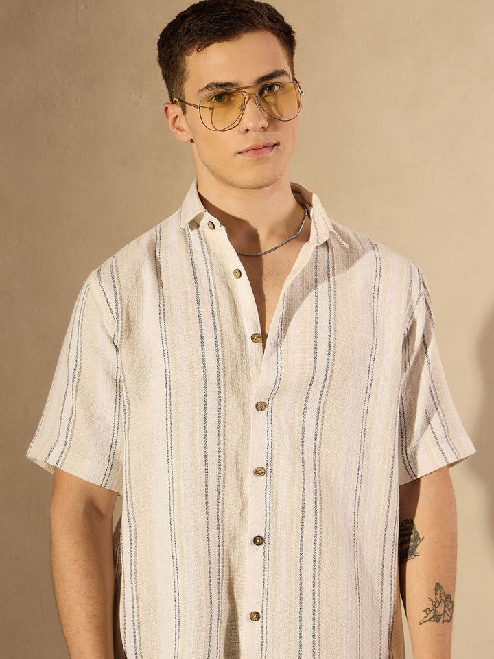 DENNISON Men Aspect Striped Oversized Cotton Shirt