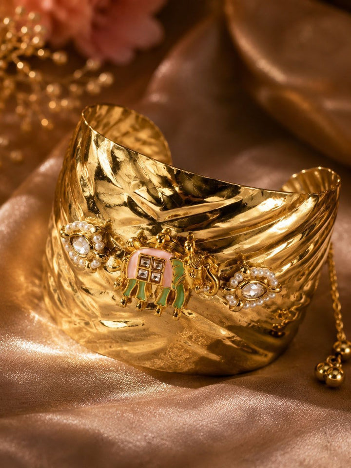 PANASH Gold-Plated Artificial Stones Studded Cuff Bracelet