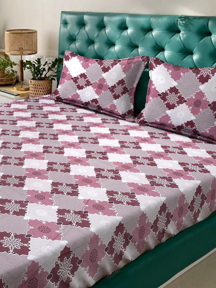 KLOTTHE Motif Etnik Merah Jambu Kapas Tulen 400 TC Cadar Halus King dengan 2 Sarung Bantal-98 x 89 inci