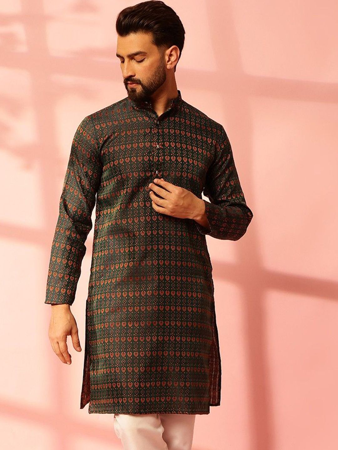 Anouk Ethnic Motifs Printed Jacquard Silk Straight Kurta