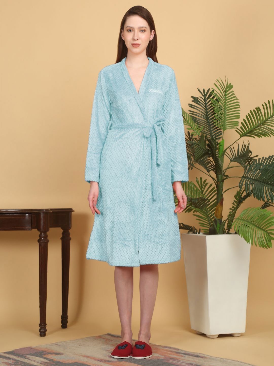 KLOTTHE Turquoise Blue Self Design Woollen Bath Robe With Belt