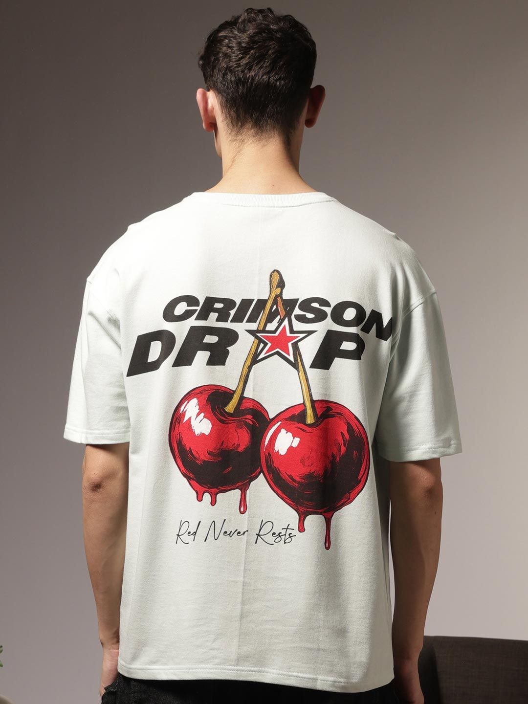 Eszett Crimson Drip Graphic Cotton Round Neck Short Sleeves Oversized T-shirt