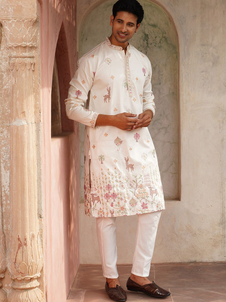 Jompers Men Ethnic Motifs Embroidered Regular Chikankari Kurta with Pyjamas