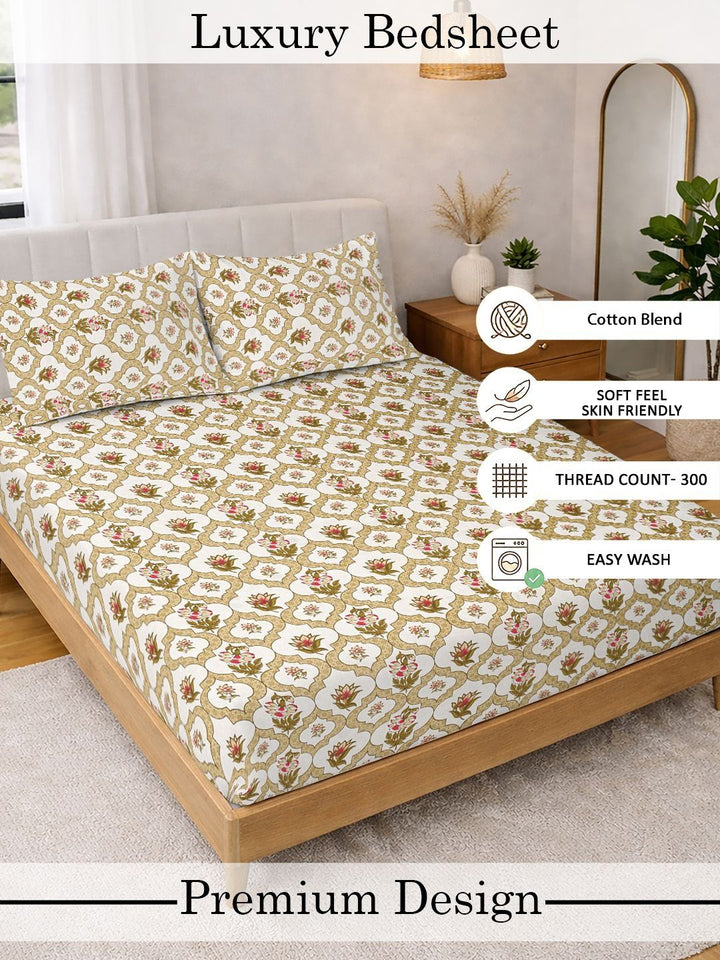 Myntra Elegant Homes Yellow Floral 300 TC King Double Bedsheet with 2 Pillow Covers