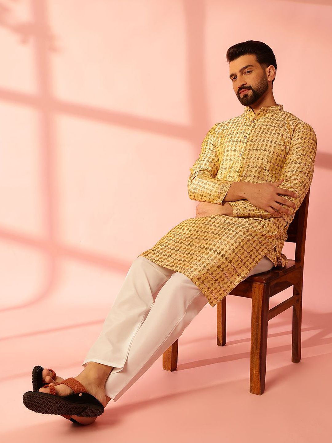 Anouk Ethnic Motifs Woven Design Band Collar Cotton Silk Straight Kurta