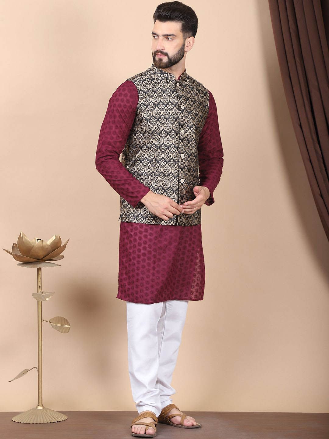 Anouk Purple Floral Embroidered Thread Work Pure Cotton Kurta with Churidar & Nehru Jacket
