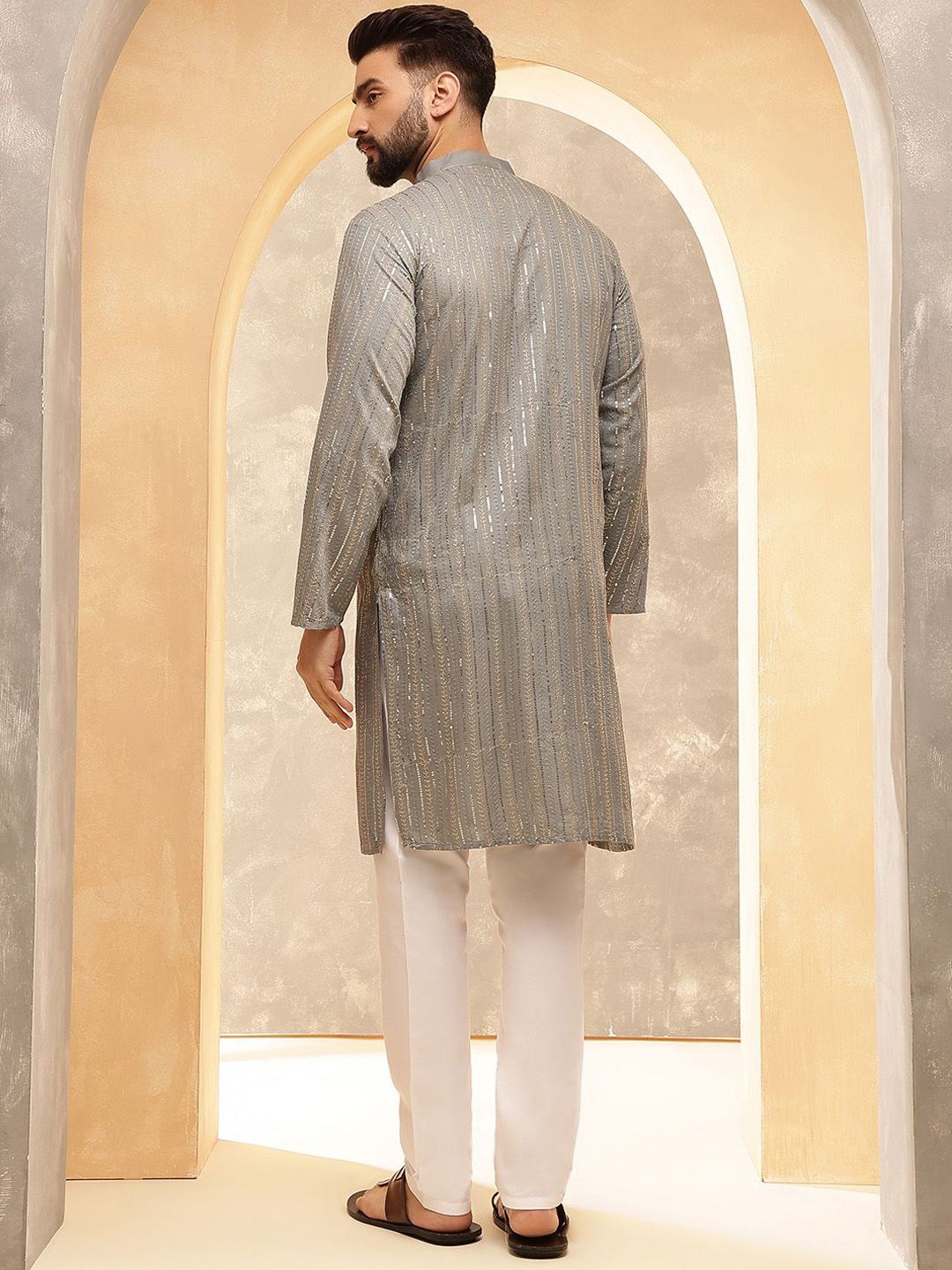 Anouk Grey Geometric Sequence Band Collar Straight Kurta