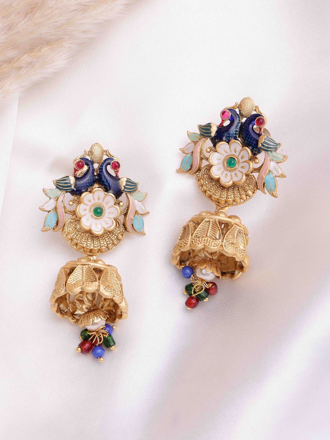 PANASH Subang Jhumkas Bersalut Emas Cubic Zirconia Bertampal Merak