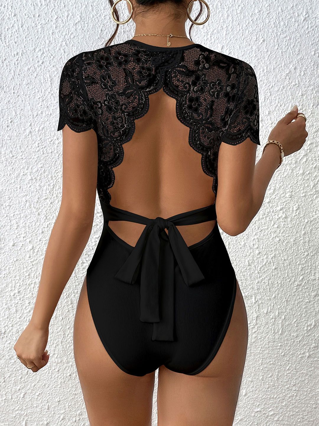 DressBerry Ribbed Lace Inserts Backless Bodysuit