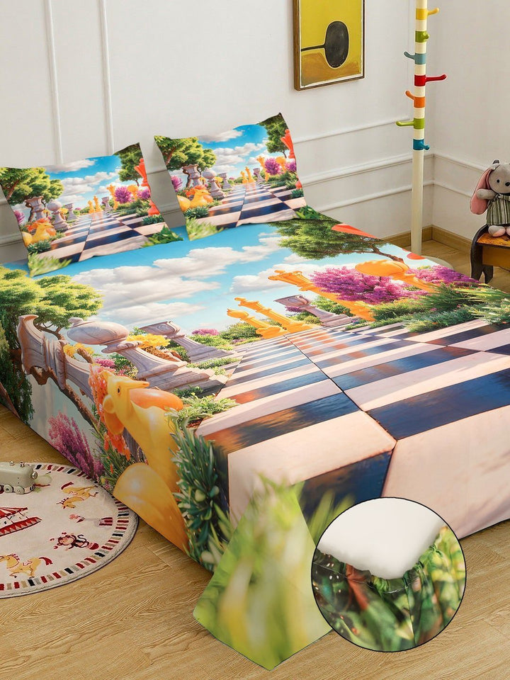 Klotthe Chess Printed Fitted 400 TC King 7D Bedsheet & 2 Pillow Cover- 2.50 m x 2.25 m