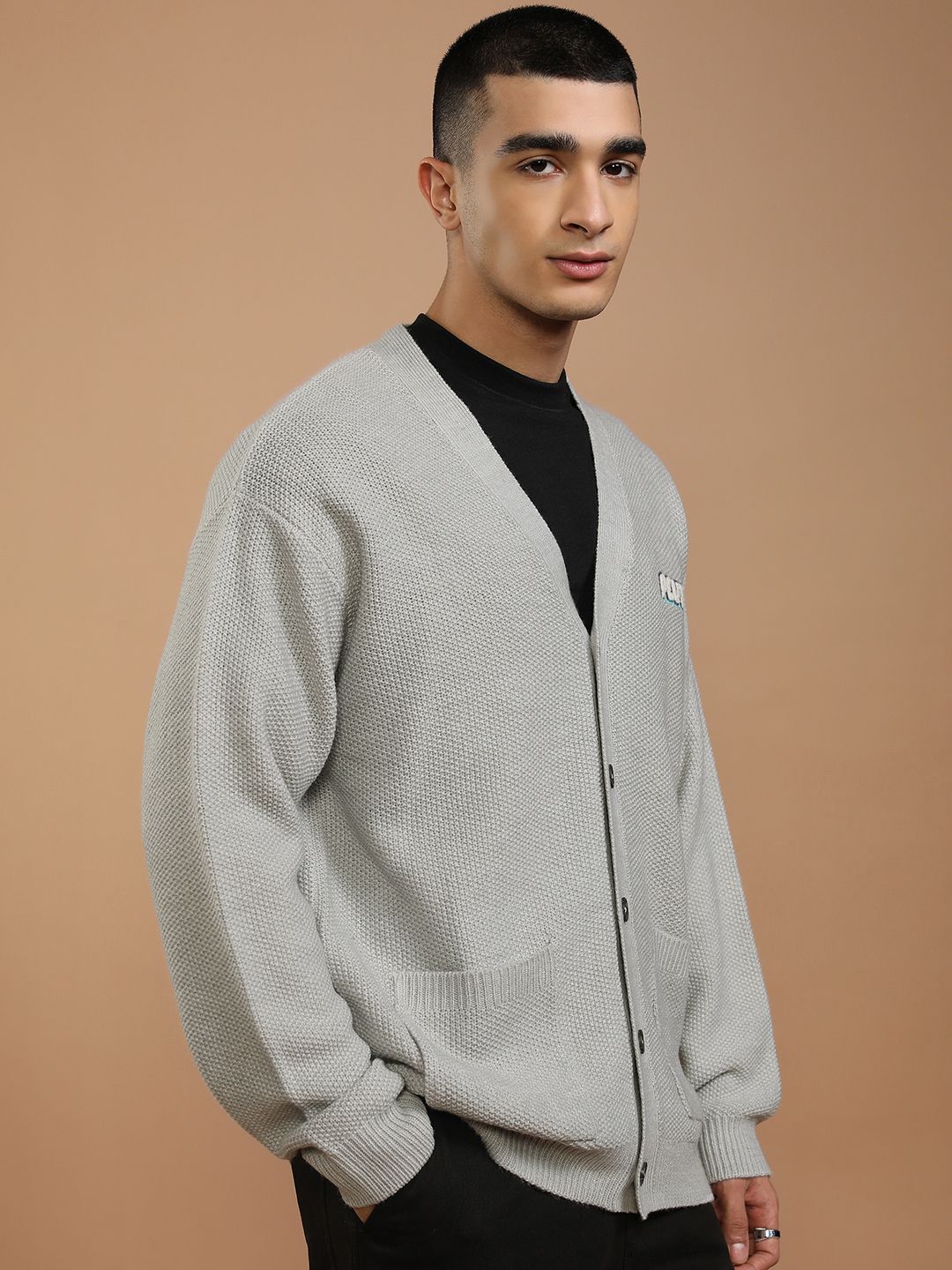 HIGHLANDER Men Embroidered Ribbed Cardigan with Embellished Detail