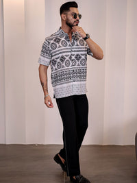 Eszett Men Floral Printed Cuban Collar Linen Casual Shirt