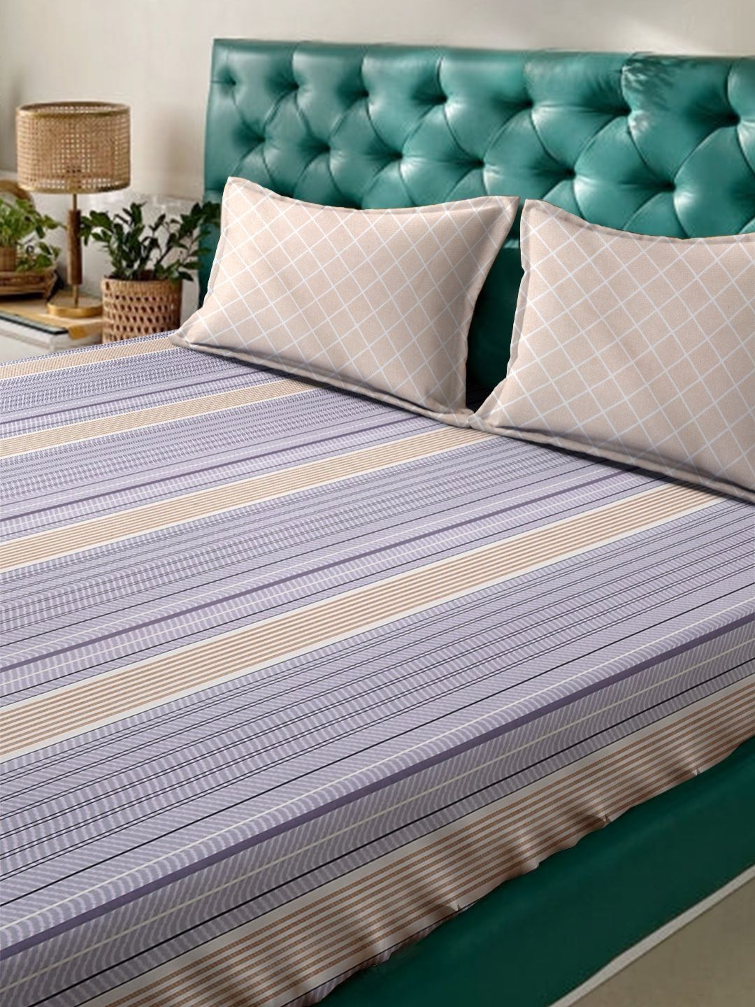 KLOTTHE Kapas Berjalur Ungu 300 TC Cadar King Halus dengan 2 Sarung Bantal-98 x 89 inci