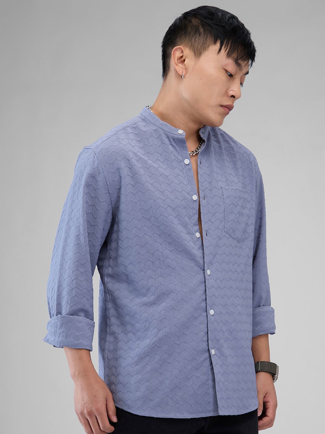 VASTRADO Men Classic Mandarin Collar Textured Casual Shirt
