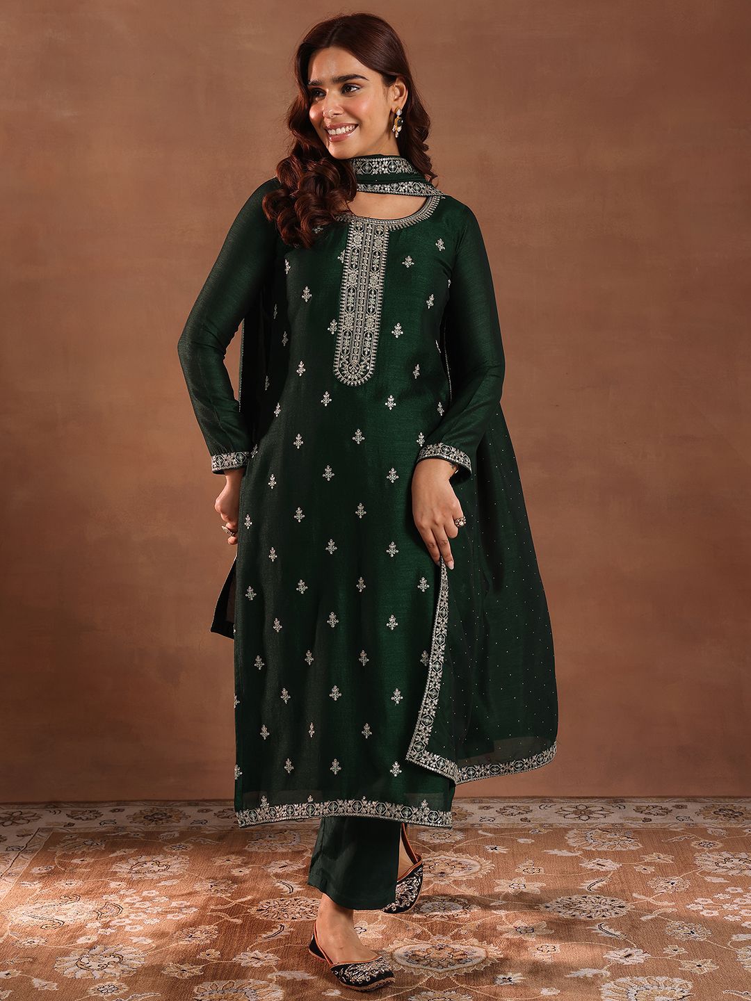 Libas Ethnic Motifs Embroidered Sequinned Straight Kurta With Trousers & Dupatta