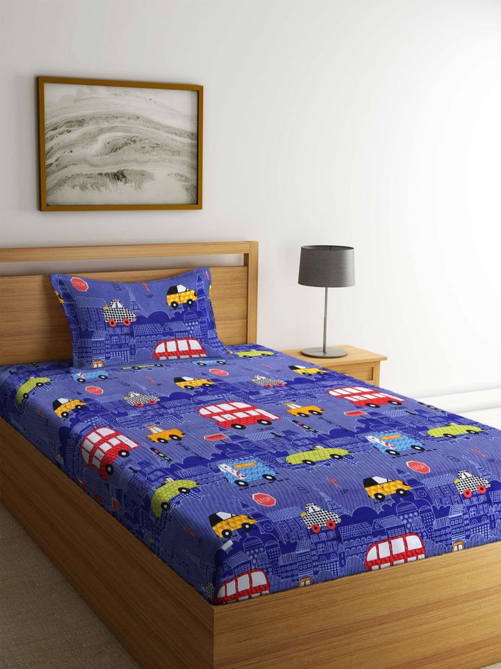 Myntra Elegant Homes Blue Graphic Polycotton 300 TC Single Cadar Halus dengan Sarung Bantal-79 x 59 inci