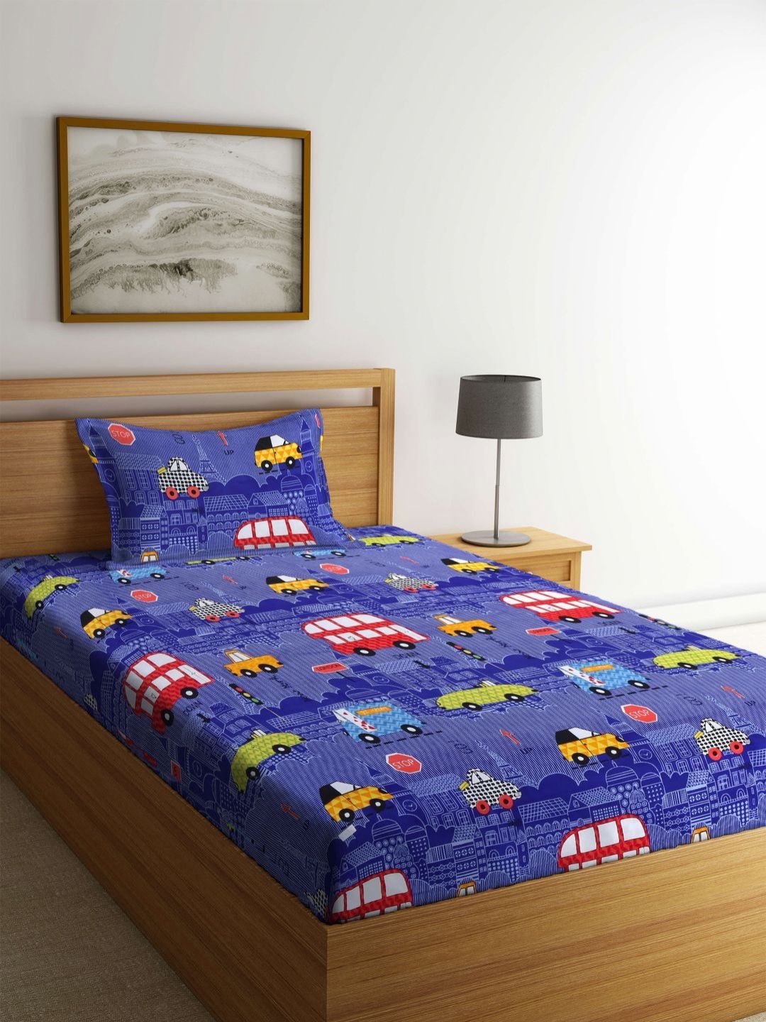 Myntra Elegant Homes Blue Graphic Polycotton 300 TC Single Cadar Halus dengan Sarung Bantal-79 x 59 inci
