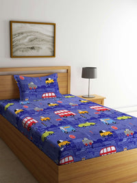 Myntra Elegant Homes Blue Graphic Polycotton 300 TC Single Cadar Halus dengan Sarung Bantal-79 x 59 inci