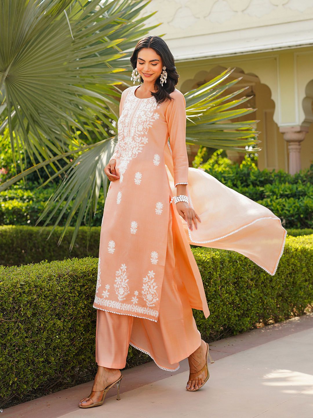 KALINI Floral Embroidered Round Neck Thread Work Kurta With Palazzos And Dupatta