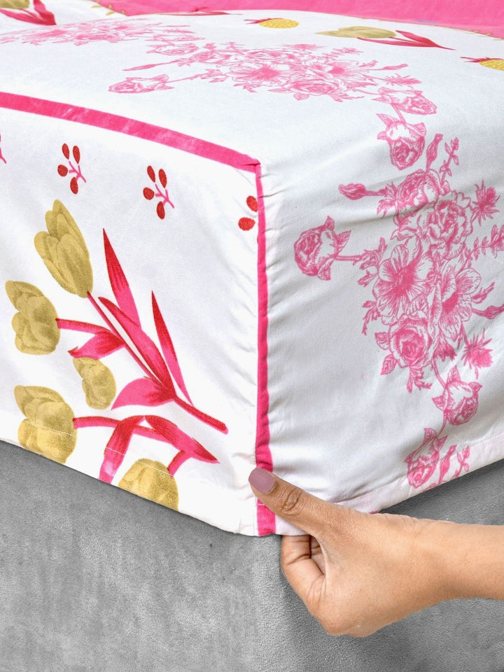 Myntra Elegant Homes Pink & White Floral 300 TC King Bedsheet with 2 Pillow Covers