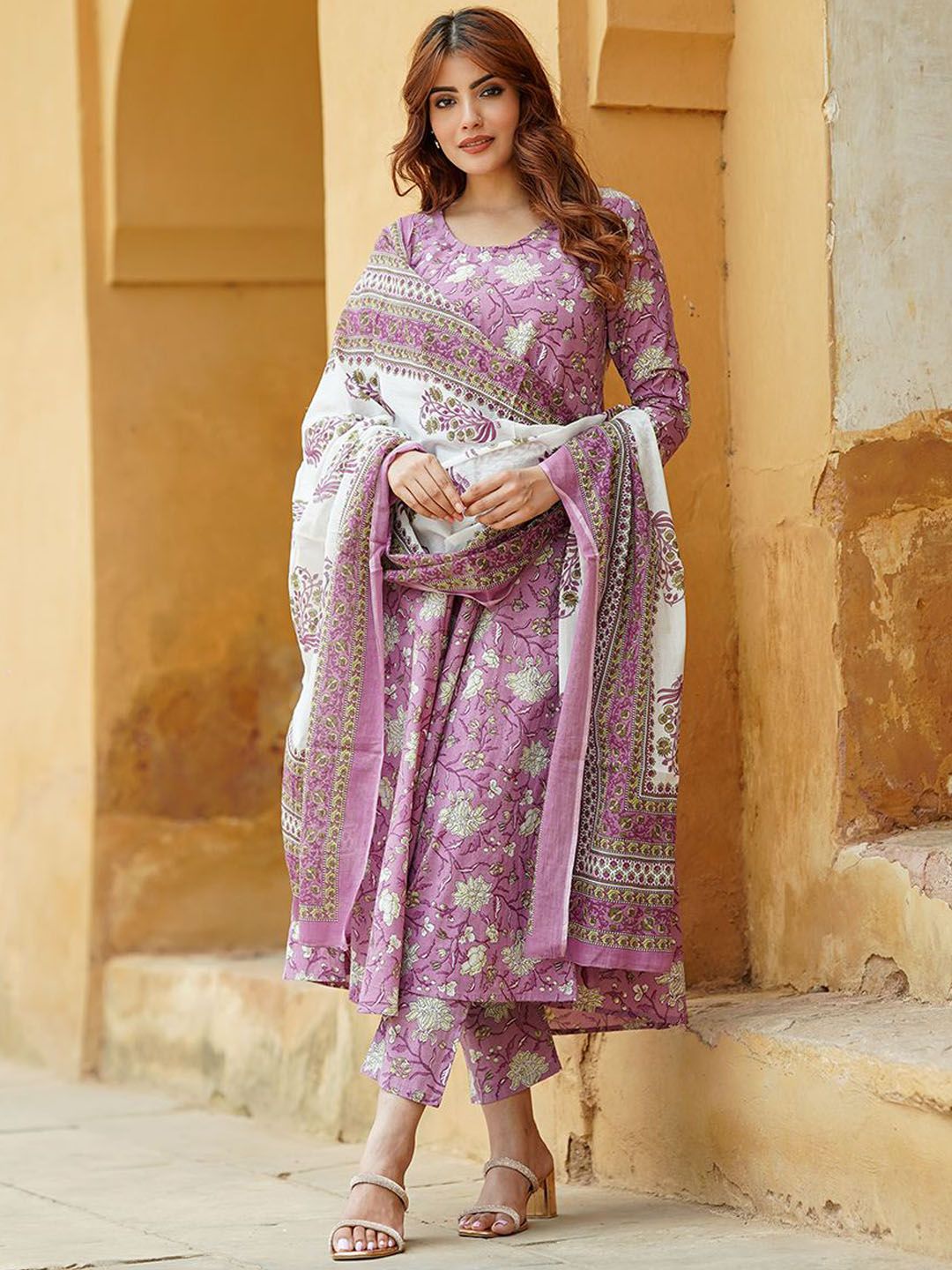 KALINI Floral Printed Regular Pure Cotton Anarkali Kurta with Trousers & Dupatta