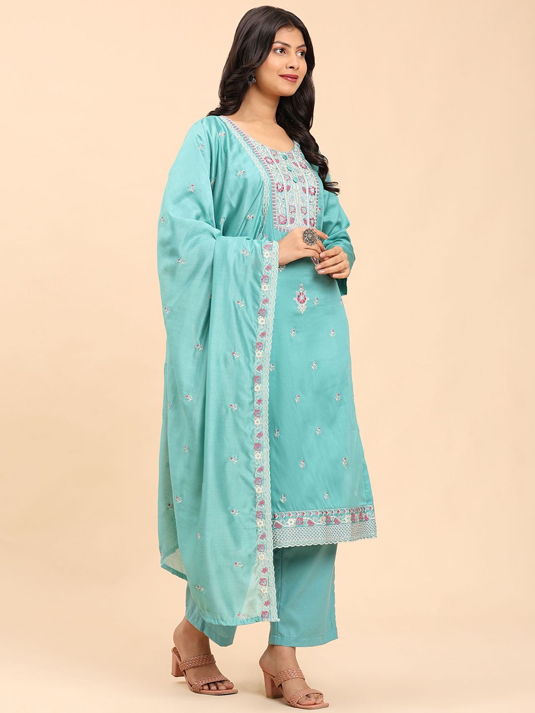 Mamicha Women Floral Embroidered Regular Pure Cotton Kurta with Palazzos & With Dupatta