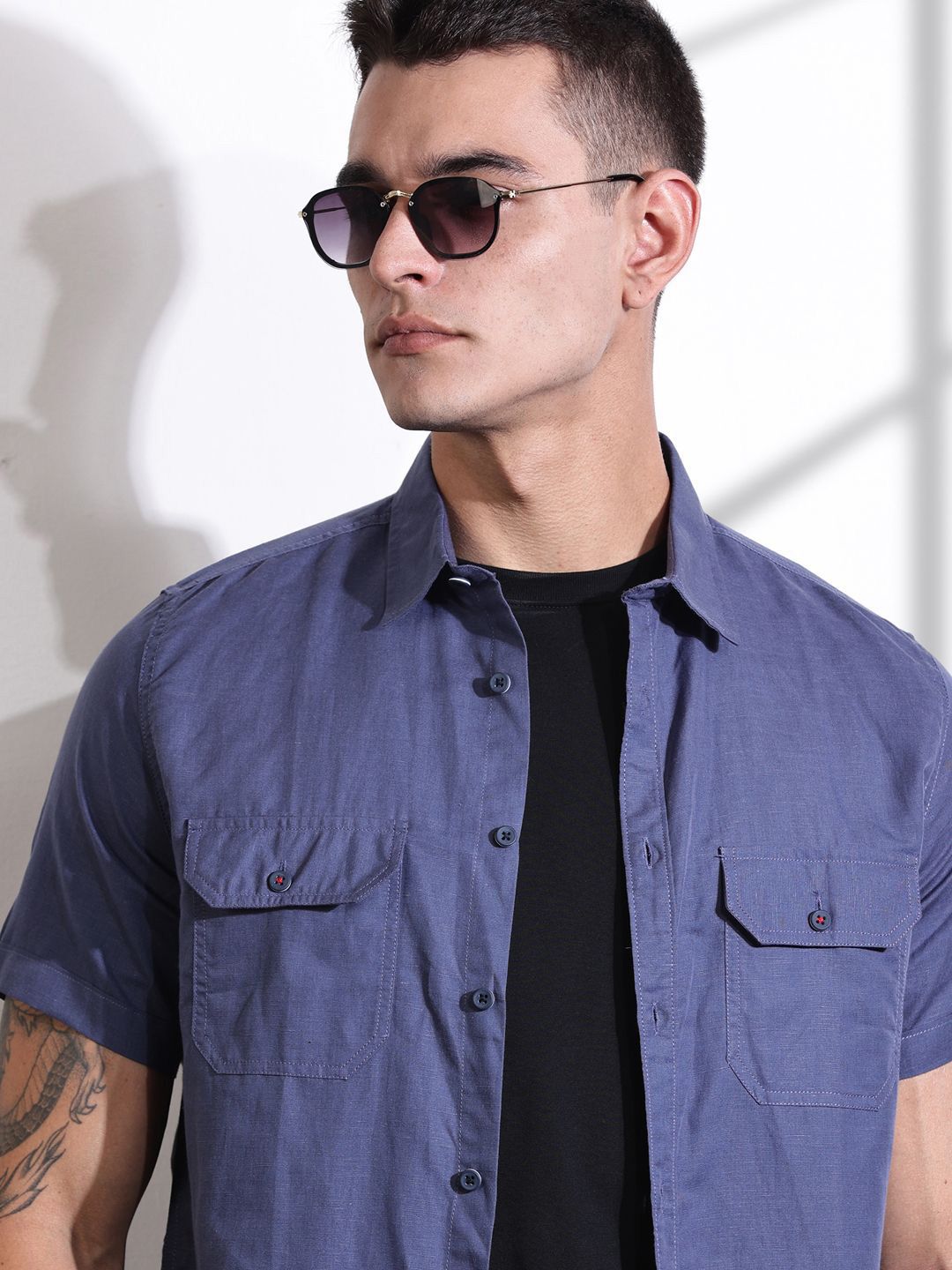 Thomas Scott Men Classic Slim Fit Spread Collar Solid Linen Casual Shirt