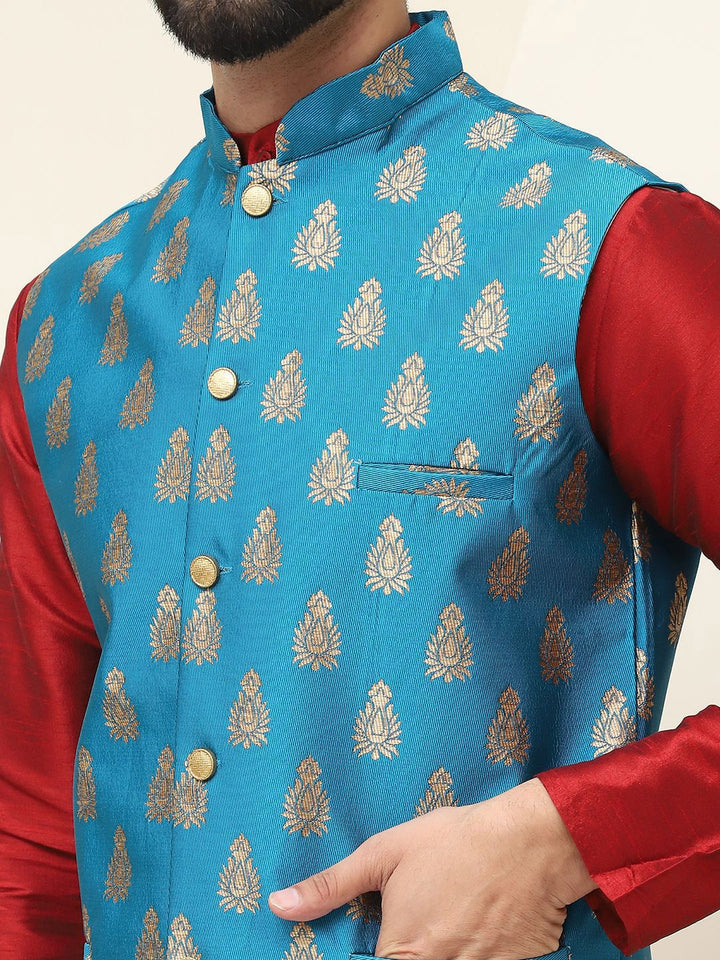 SOJANYA Mandarin Collar Silk Cotton Kurta With Churidar & Woven Design Nehru Jacket