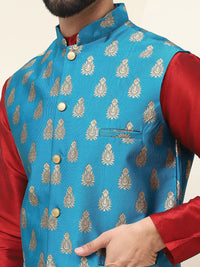 SOJANYA Mandarin Collar Silk Cotton Kurta With Churidar & Woven Design Nehru Jacket