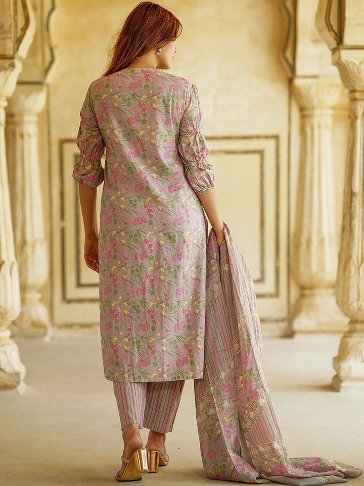 KALINI Floral Printed Thread Work Pure Cotton Straight Kurta With Trousers & Dupatta