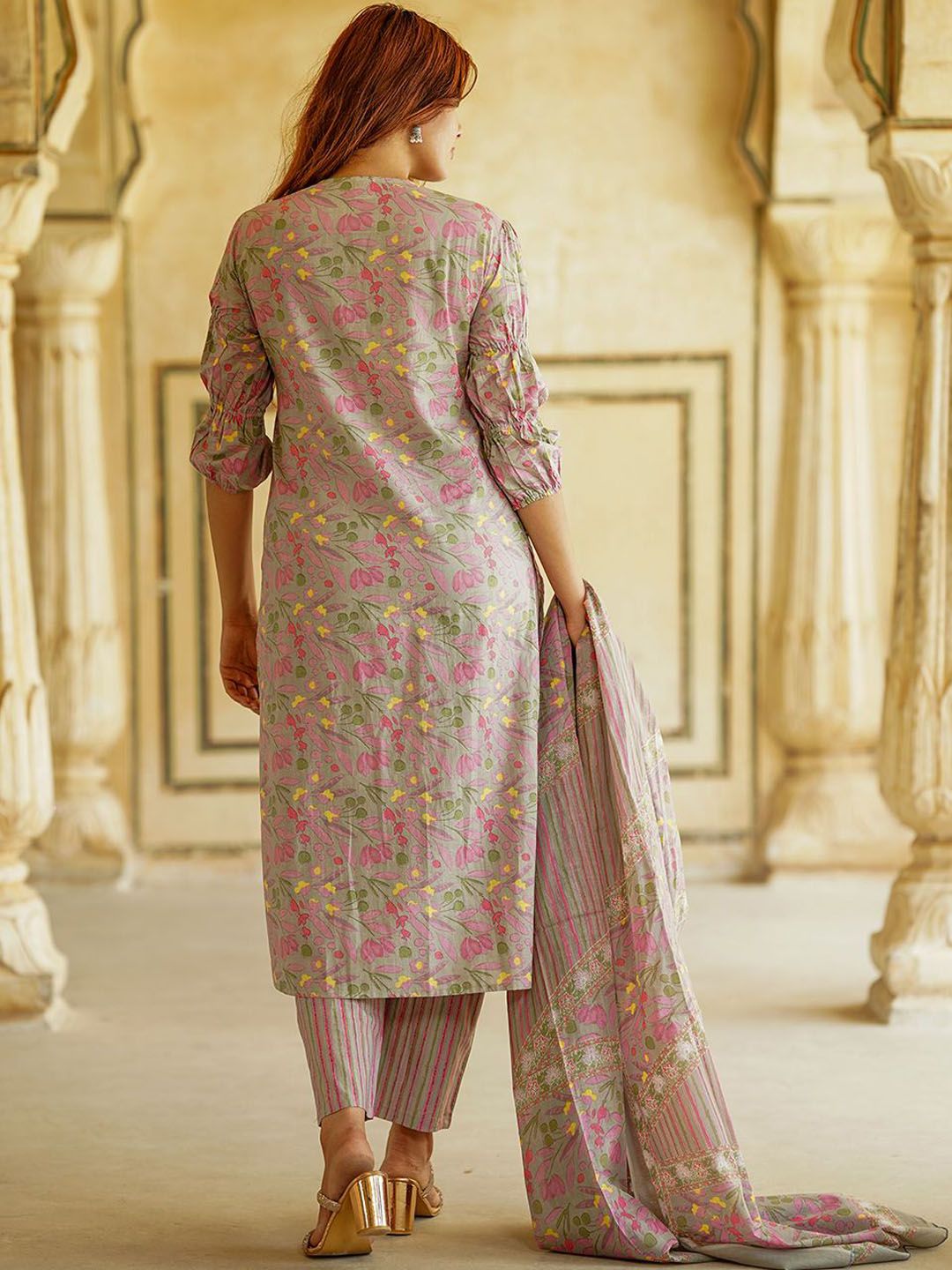 KALINI Floral Printed Thread Work Pure Cotton Straight Kurta With Trousers & Dupatta