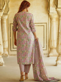 KALINI Floral Printed Thread Work Pure Cotton Straight Kurta With Trousers & Dupatta