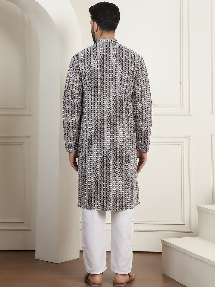Anouk Sulam Kapas Tulen Kolar Mandarin Lengan Panjang Kurta Lurus Dengan Churidar