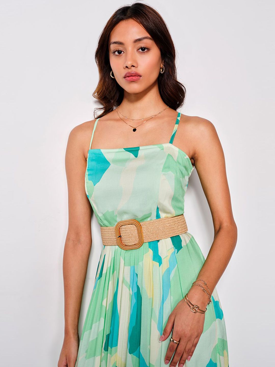 AND Women Tropical Print Shoulder Straps Sleeveless Maxi Dress