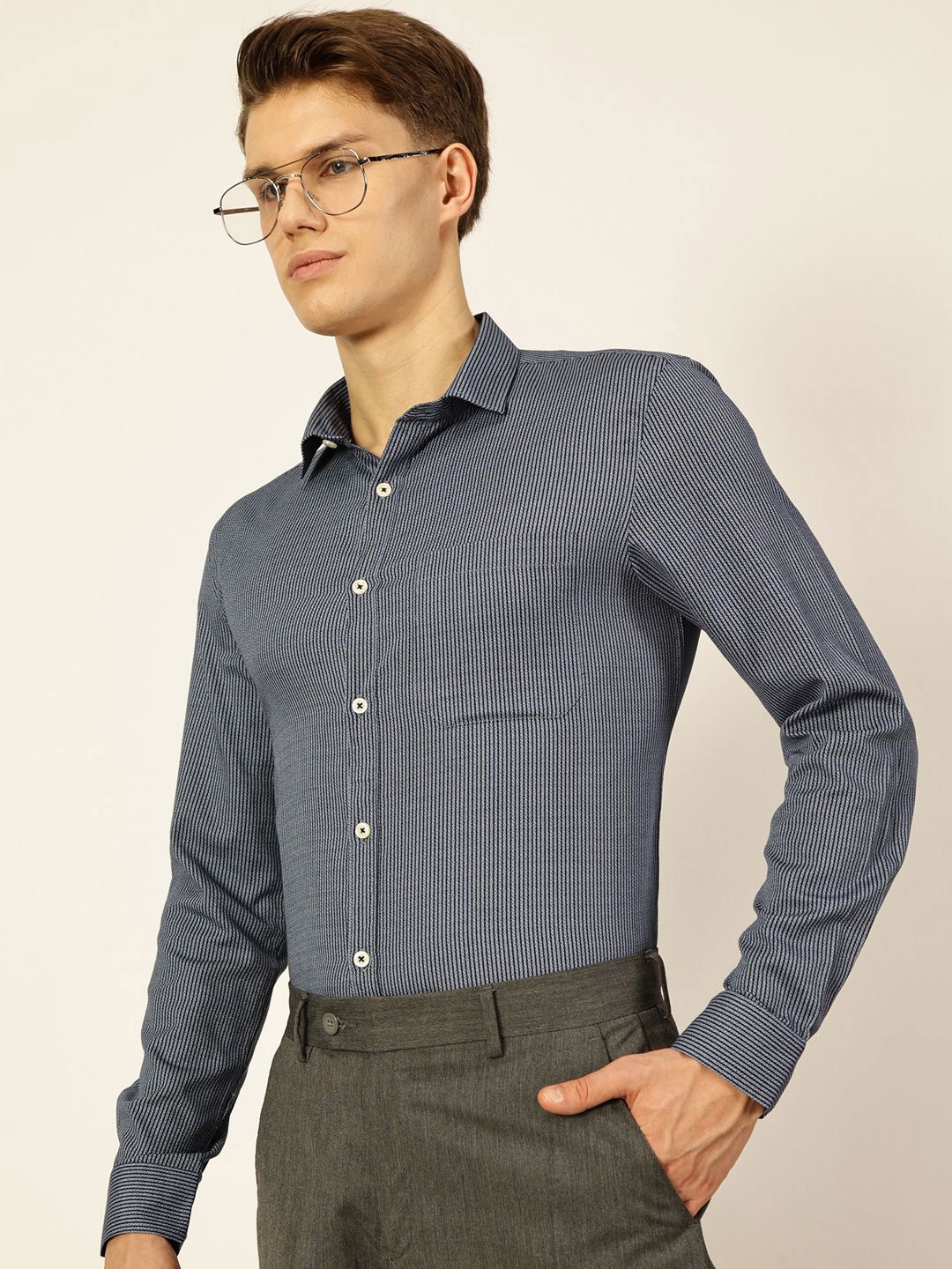Thomas Scott Men Smart Spread Collar Pinstripes Striped Cotton Formal Shirt