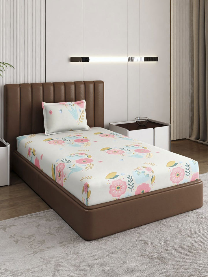 Monte Carlo Pixel White & Pink Floral Printed 120 TC Single Bedsheet Set 1.52 m x 2.30 m