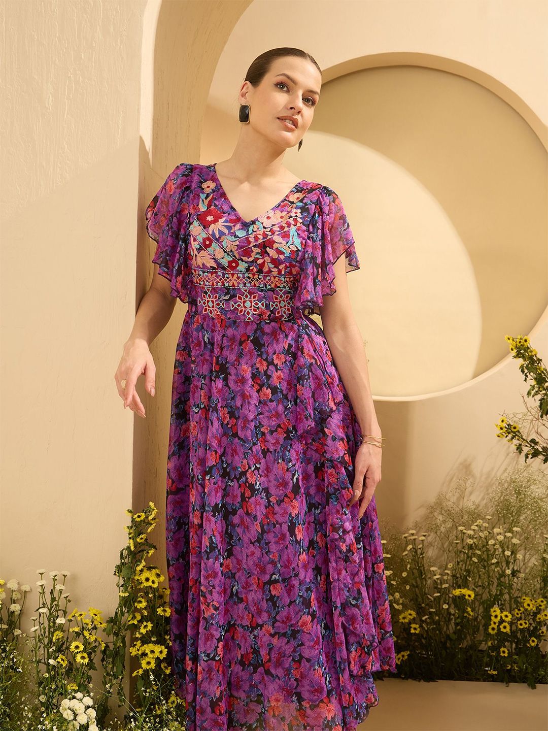 Antheaa Women embroidered & Floral Printed Flared Sleeves Fit and Flare Maxi Dress