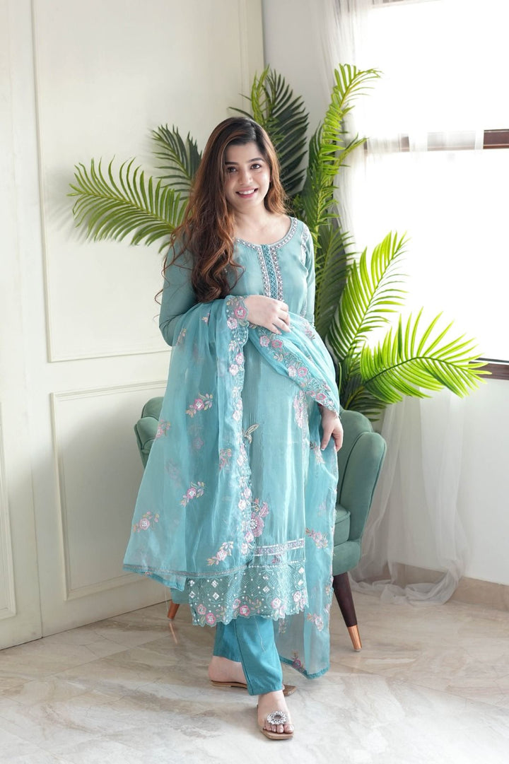 KALINI Floral Embroidered Sequinned Work Round Neck Straight Kurta With Trousers & Dupatta