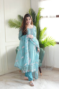 KALINI Floral Embroidered Sequinned Work Round Neck Straight Kurta With Trousers & Dupatta