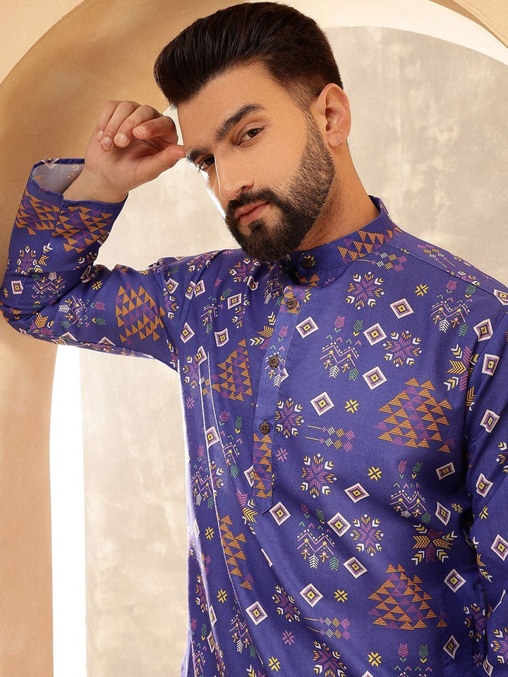 SOJANYA Ethnic Motifs Printed Band Collar Cotton Linen Straight Kurta