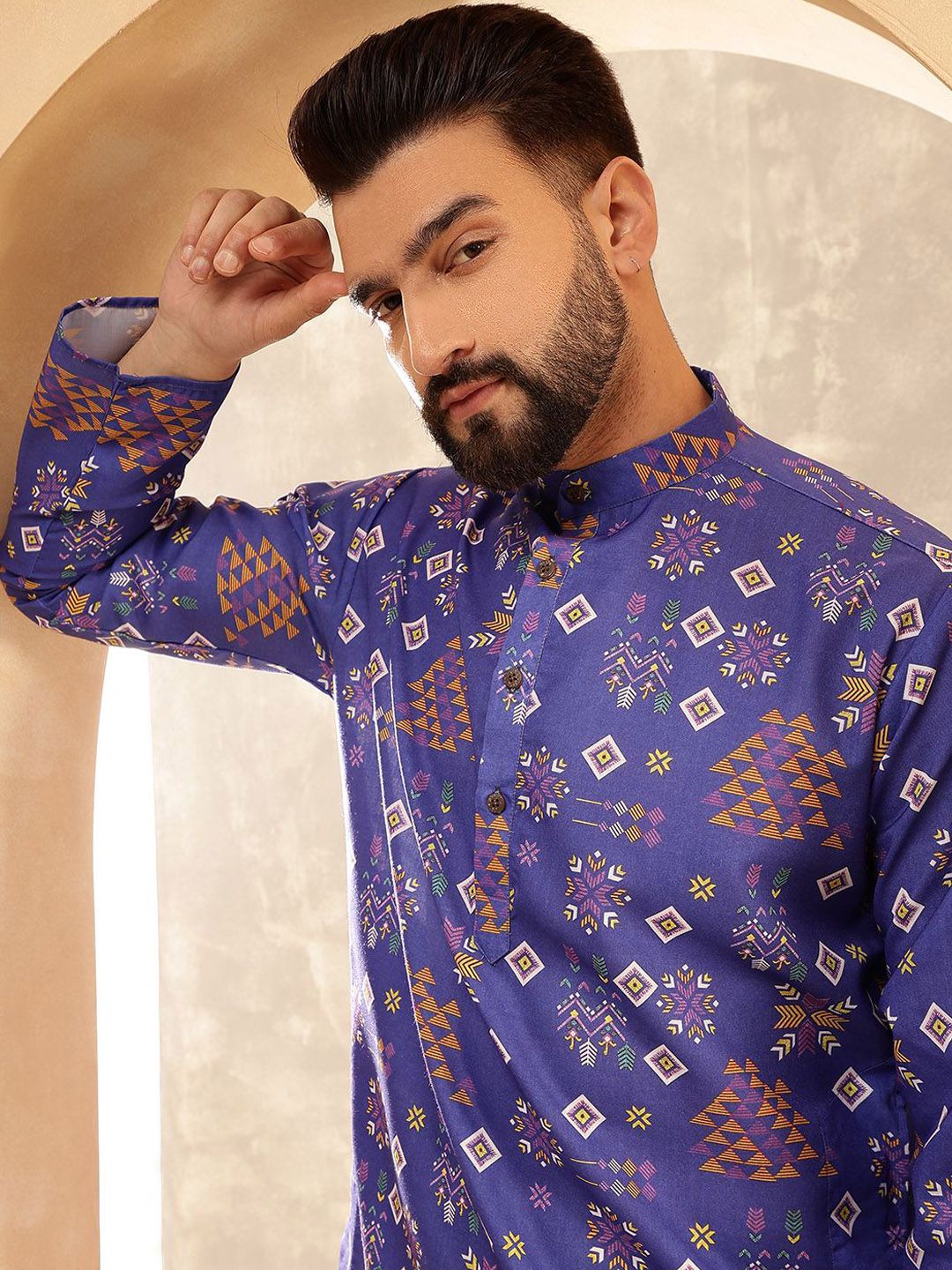 SOJANYA Ethnic Motifs Printed Band Collar Cotton Linen Straight Kurta