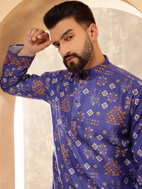 SOJANYA Ethnic Motifs Printed Band Collar Cotton Linen Straight Kurta
